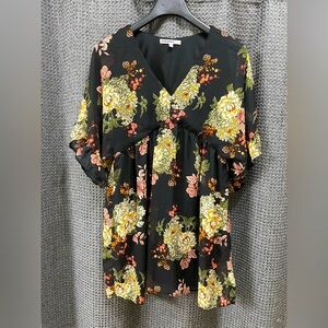 Bailey Blue Lined Floral Sheer Ruffle Bell Sleeve Dress Womens Size Large